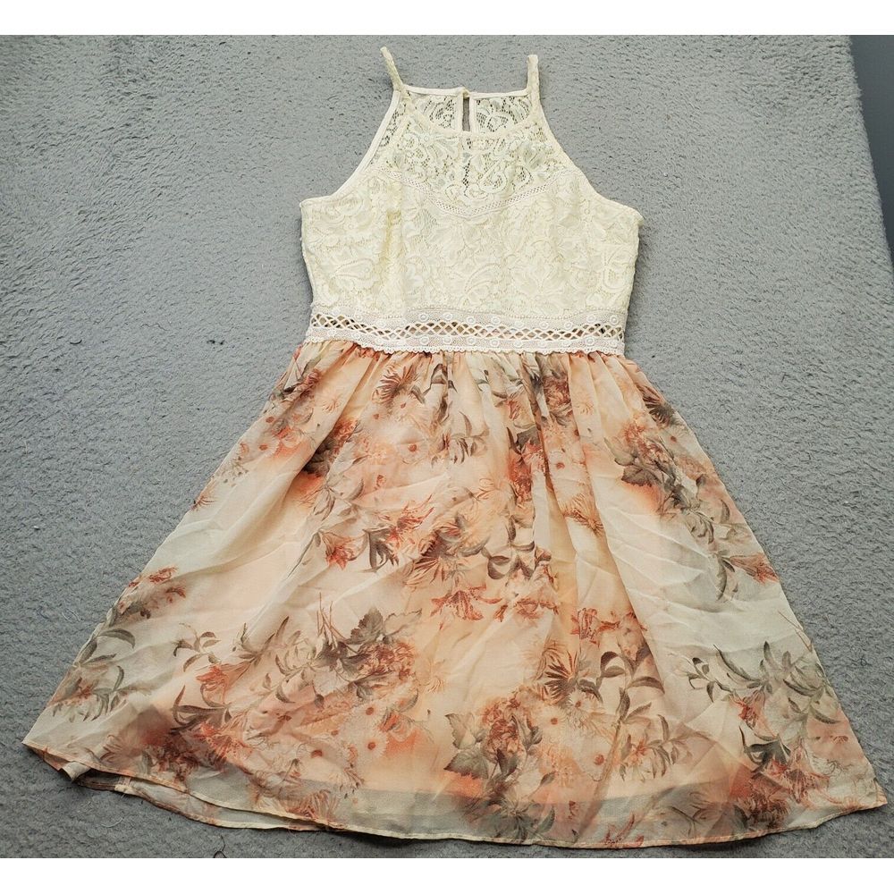 By & BY Mini Dress Girls 11 Cream Pink Lace Floral‎ Sleeveless Halter Back Zip